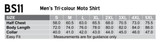 A size chart for the Men’s Tri-colour Poly/Cotton Twill Shirt, detailing measurements for various sizes.