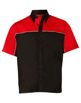 A Men’s Racer Tri-Color shirt featuring a black body with red sleeves and accents, presented in a button-up style.