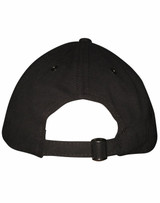A black cap featuring a curved brim, made of sturdy fabric with ventilation holes and an adjustable strap at the back.
