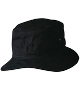 A black soft washed bucket hat featuring a branded logo on the side, with a wide brim for sun protection.