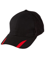 A black cap with red accents and a mesh back, featuring a structured brim and ventilation holes.