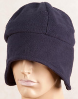 A dark navy beanie with ear covers displayed on a mannequin head. The fabric appears soft and fleece-like.