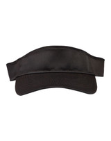 A black sandwich visor with a wide brim and adjustable strap, featuring a logo on the front.