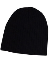 A black cable knit beanie featuring a ribbed texture and a simple design, with a logo present.