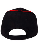 A black cap with contrast red trim and an adjustable strap at the back. It features a logo.