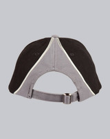 A cap featuring a tri-colour design with black, grey, and white accents. The back has an adjustable strap and a branding logo.