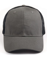 A premium cotton twill trucker cap in grey with a black mesh rear and a logo on the front.
