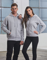 A grey men's full-zip fleecy hoodie displayed on a male and female model, with the hood up. The hoodie features a logo.