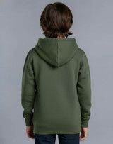 A green fleece hoodie for kids, featuring a close front design and a hood, shown from the back.