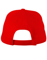 A bright red kids' brushed cotton cap featuring an adjustable strap and a logo on the back.