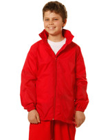 A bright red kids' outdoor activity spray jacket with a zip front and adjustable cuffs, featuring a logo.