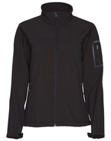 A black ladies' softshell jacket with a high collar and zippered pockets. It features a logo on the sleeve.