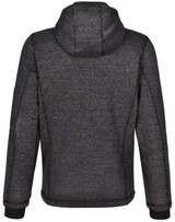A grey men's fleece jacket with a hood, featuring a sleek, bonded design and a rear view.