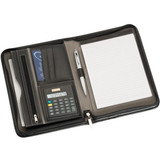 A5 zippered compendium in black, featuring a calculator, notepad, pen, and card slots. Includes a logo.