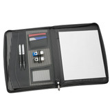 A black imitation leather zip compendium featuring multiple pockets, pens, and a notepad. It has a sleek, professional design.