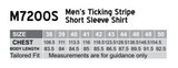 A size chart for the Men's Ticking Stripe Short Sleeve Shirt, detailing chest and body length measurements.