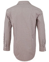 A brown and white gingham check button-up shirt with long roll-up sleeves and a logo.