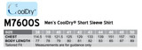 A table displaying sizing information for the Men's Cooldry Short Sleeve Shirt in various measurements.