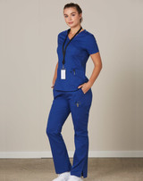 A solid blue short-sleeve scrub top featuring a logo and paired with matching scrub pants.