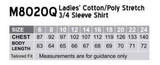 A chart displaying measurements for a women's cotton/poly stretch 3/4 sleeve shirt in multiple sizes.