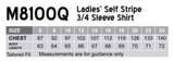 A table displaying size measurements for a women's self stripe 3/4 sleeve button-up shirt in various sizes.