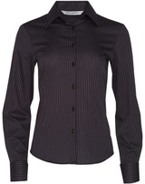 A long-sleeve women's button-up shirt in black with dobby stripes, featuring a collared neckline and button closure.