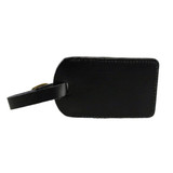 A black luggage tag with a leather finish and a strap for attachment. It has a minimalistic design.