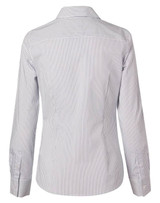 A button-up shirt in white and navy ticking stripes with long sleeves and a classic collar. Features a logo.