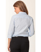 A women's light blue fine stripe 3/4 sleeve button-up shirt, featuring a stylish collar and a fitted back design.