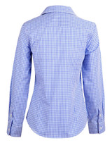 A blue and white check long-sleeve button-up shirt, featuring a fitted design and a collar. It has a logo on the fabric.