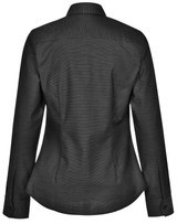 A black ladies' long sleeve button-up shirt featuring a pin dot design and a logo on the back.