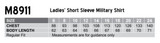 A chart displaying size measurements for a ladies' short sleeve military shirt, including chest and body length details.