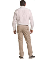 Men's chino pants in beige, viewed from the back, paired with a white button-up shirt. Features branding on the pants.