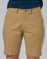 Tan stretch cotton chino shorts with a front button closure, featuring a logo on the waistband.