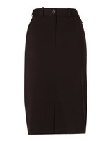 A women's A-line utility skirt in dark brown, featuring a waistband and pockets, made from poly/viscose stretch twill.
