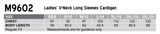 A table displaying size measurements for a ladies' V-neck long sleeves cardigan, including chest and body length dimensions.