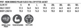 A table displaying size measurements for a men's bonded polar fleece full-zip jacket, including options and fit details.