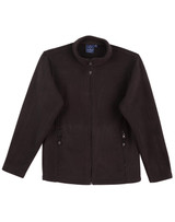 A black polar fleece jacket with a full zip, featuring two side pockets and a collar, has a logo.