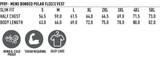 A size chart for a men's bonded polar fleece vest, detailing measurements for different sizes and care instructions.