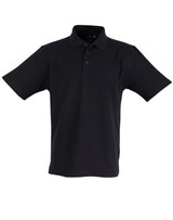 A black children's traditional polo shirt with a collar and short sleeves, featuring buttons and a small logo.