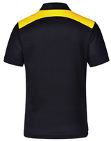 A black polo shirt with a yellow shoulder design and a logo on the back.