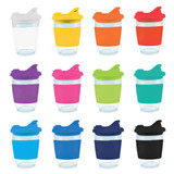 A collection of reusable coffee cups in various colors, each with a snap lid and a clear base.