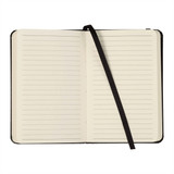 A black bound journal with lined pages and a black ribbon bookmark. It has a logo on the cover.