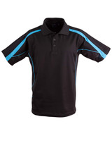A black polo shirt with blue stripes, featuring a collar and short sleeves, with a logo on the chest.