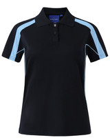 A dark navy short sleeve polo shirt with light blue accents and a collar. It features a logo on the chest.