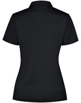 A black ladies' polo shirt featuring a collar and a fitted design, with a branding logo on the back.