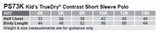 A table displaying size measurements for the Kids' TrueDry Contrast Short Sleeve Polo, including half chest and body length.