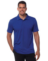 A man wearing a blue textured polo shirt, featuring a collar and short sleeves, with a logo on the chest.
