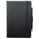 A black pocket bound journal with an elastic closure and a pen holder on the side.