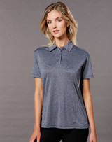 A grey short sleeve polo shirt with a collared neckline and a logo on the chest, designed for women.